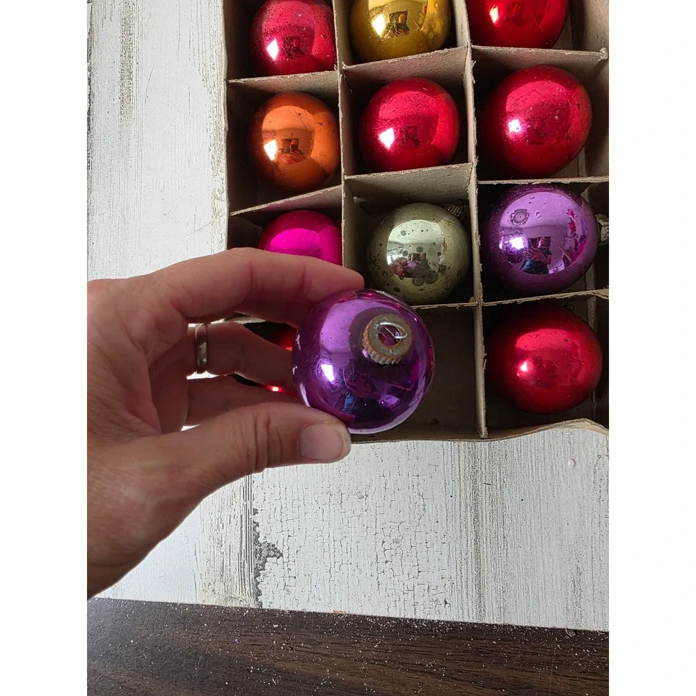 Vintage shiny Brite solid mercury glass ornament set box purple orange pink red